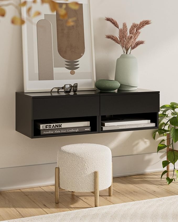 Floating Nightstand, Small Modern Floating Nightstand with Drawer, Floating Shelves for Bedroom, Bathroom (Black)
