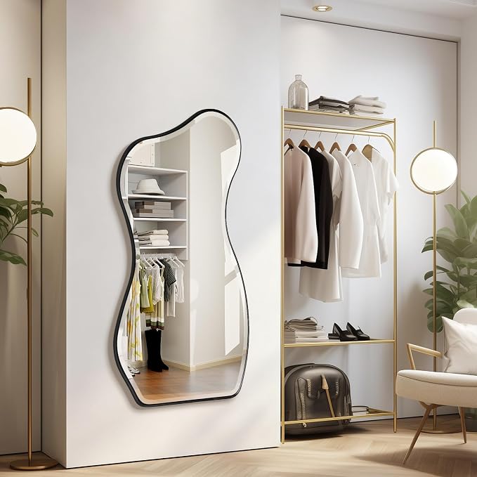 POZINO Irregular Beveled Mirror, 53"x25" Asymmetrical Wall Mirror with Black Metal Frame, Organic Shape Floor Mirrors for Entryway Living Room Bedroom Hallway, Leaning/Wall-Mount