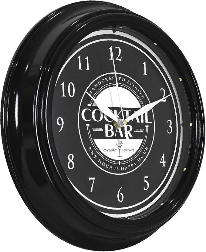 American Art Decor Cocktail Bar LED Modern Wall Clock - 12" for Home, Happy Hour Bar Decor, Living Room, Office, Game Room, Mancave, Garage (Black/White)