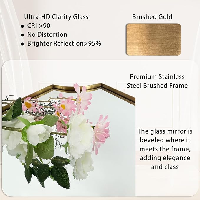 POZINO Brushed Modern Bathroom Mirror, 24"x36" Gold Scalloped Beveled Mirror for Wall, Brass Rectangle Wavy Vanity Mirrors, Irregular Shaped Mirror for Living Room Bedroom Fireplace Entryway