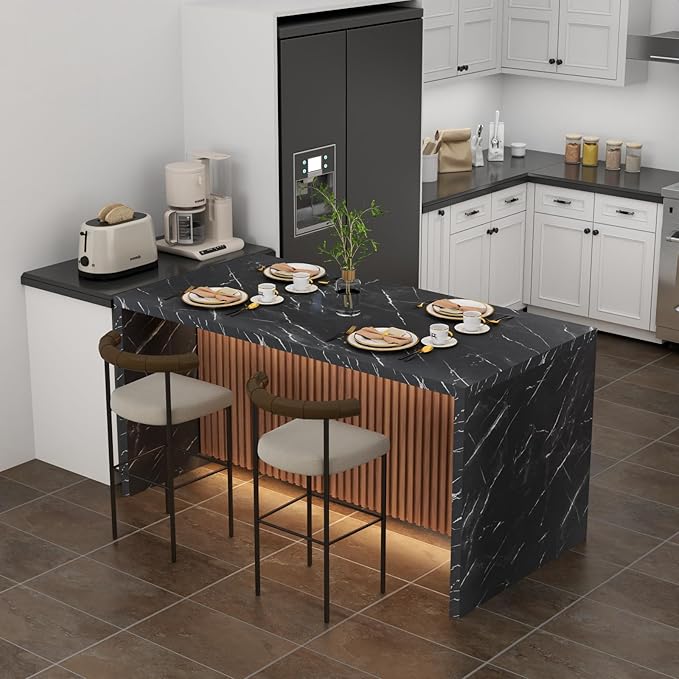 63" Large Imitation Marble Dining Table for 4-6 People(Patent Pending),Island Table with LED Lights,Mordern Marble Stripes Kitchen Dining Table with Grille design for Dining Room,Living Room (Black)