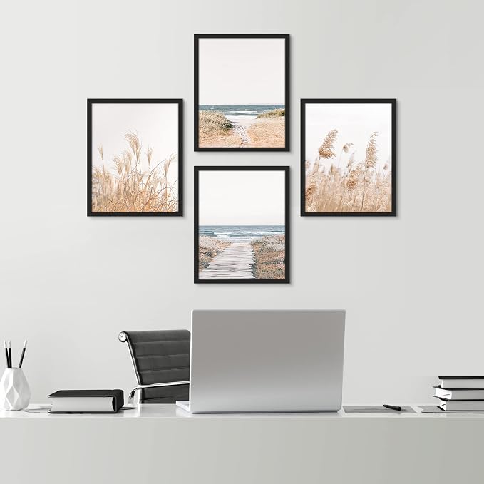 SIGNWIN Framed White Pampas Grass Beach Ocean Shore Horizon Wall Art, Set of 4 Landscape Colorful Wall Decor Prints, Nature Wilderness Wall Décor for Living Room, Bedroom - 11"x14" Black