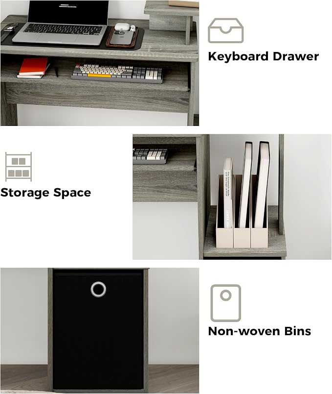 Computer Desk with Drawers, Study Table with Storage Shelves Keyboard Tray for Home Office Bedroom Living Room, Oak Grey/Black