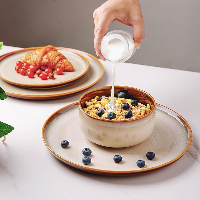 LeRatio Ceramic Dinnerware Sets for 4,12-Piece Plates and Bowls,Handmade Reactive Glaze Dishes Set,Chip Resistant and Scratch Resistant | Oven Dishwasher & Microwave Safe,Service for 4-Kahki