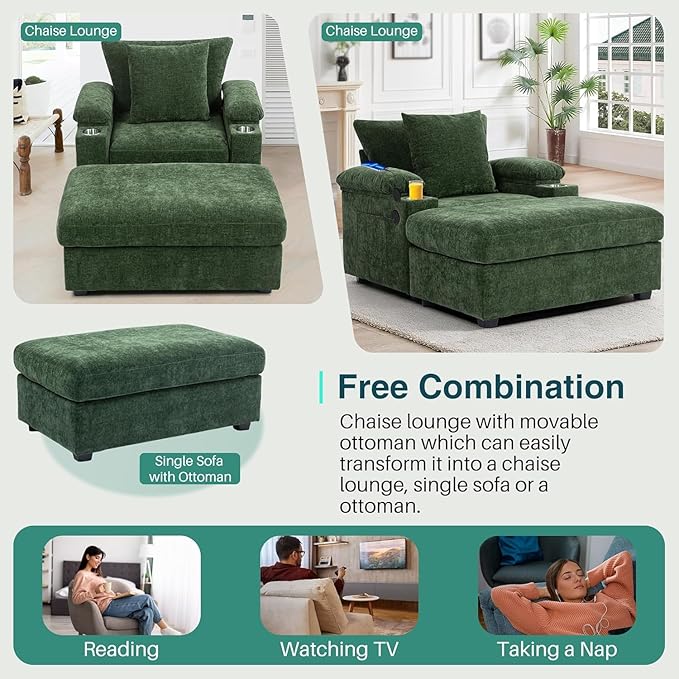 Oversized Chaise Lounge Chair with Ottoman and Cup Holders, Modern Sleeper Sofa with USB Charging Ports for Living Room and Bedroom, Convertible Small Sofa (Green)