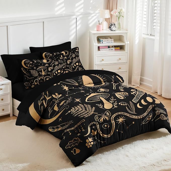 Nesker Comforter Set Twin Size, Golden Mushroom Moon 5 Pcs Bedding for Kids and Adults, Moth Vintage Gold Bed Sheet Sets with Fitted Sheet Pillowcase & Sham