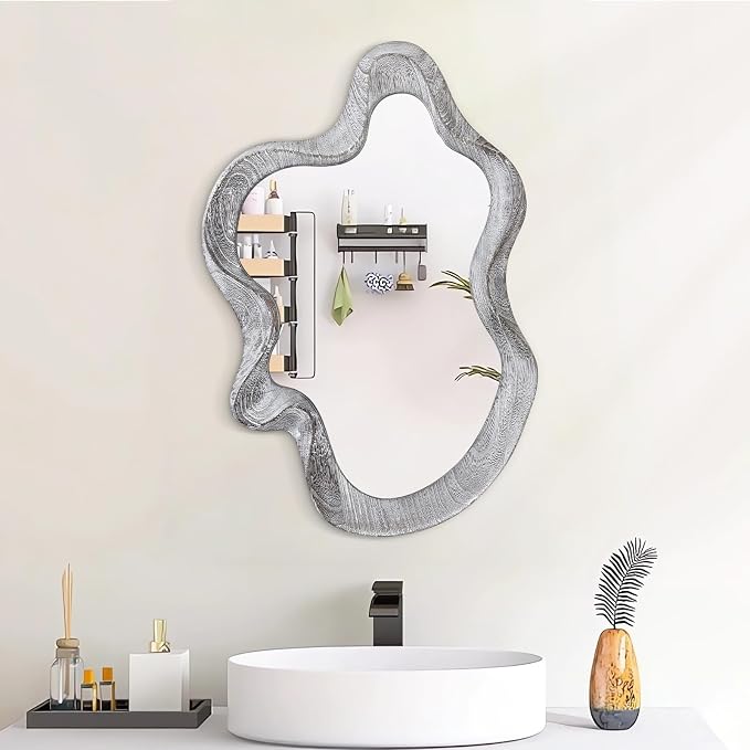 Irregular Wooden Framed Wall Mirror Modern Asymmetrical Mirror Rustic Black Cloud Hanging Mirror Artistic Wavy Mirror Decor Bathroom Vanity Bedroom Living Room Entryway Hallway Large 21.6"x15"
