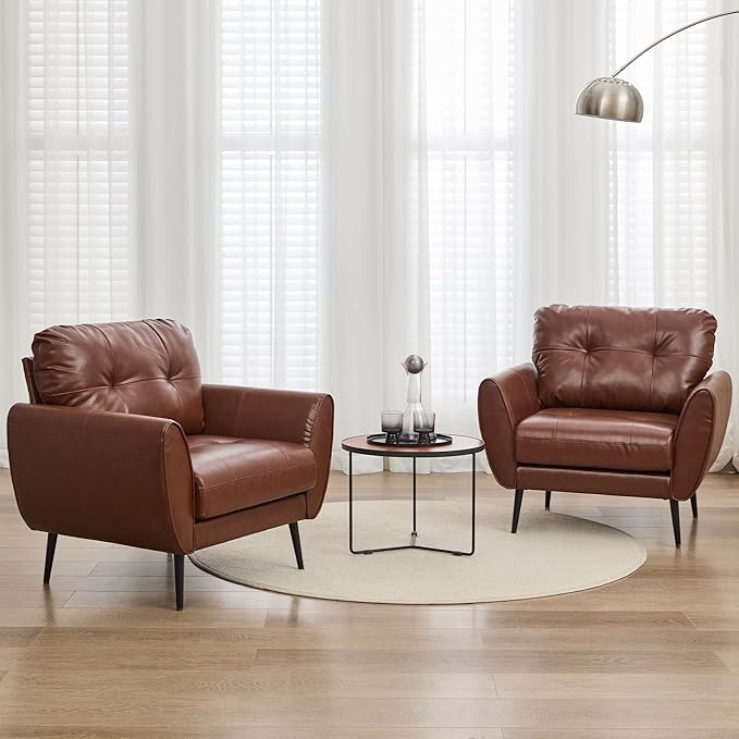 TYBOATLE Accent Chairs Set of 2, Comfy Modern Living Room Brown Leather Reading Accent Chairs Tufted Mid Century Arm Chair Small Salon Chair for Office Bedroom (2, Brown)