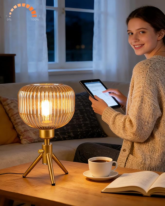 Lightdot Tripod Glass Table Lamp Gold Small Desk Lamp with Brown Striped Glass Shade, 3000K Warmwhite Dimmable Nightstand Lamp for Bedroom/Bedside/Living Room/Study Room/Home Decor