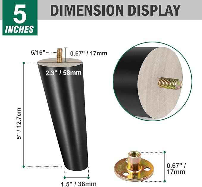 FoDau770 Black Rubber Wood Furniture Legs 5 Inches, 5/16" UNC Slant Tapered Wood Feet Mid Century Sofa Legs, Wooden Furniture Feet Replacement Parts for Cabinet Couch Dresser Chair Ottoman Table