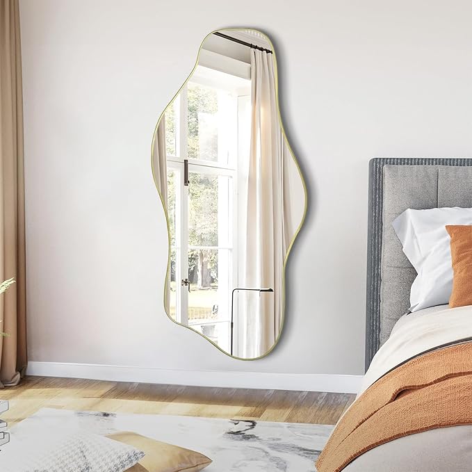 Irregular Mirror, 47.2"x21.6" Asymmetrical Frameless Mirrors, Gold Abstract Wall Mirror Decorative, Modern Unique Shaped Mirrors for Living Room Bathroom Bedroom Hallway Entryway Fireplace