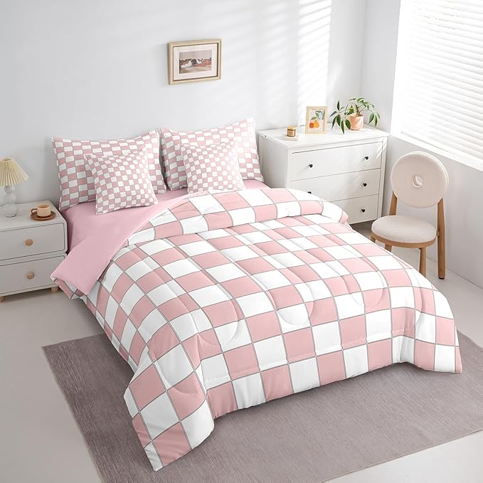 Erosebridal White Pink Plaid Queen Comforter Set with Sheets 7 Piece Light Pink Checkerboard Bedding Set for Kids Girls Teen,Checkered Grid Bed in A Bag Modern Aesthetic Geometric Bed Set