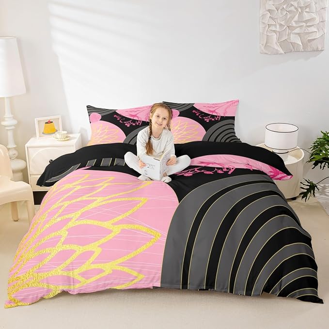 Erosebridal Boho Mid Century Duvet Cover Toddler Size for Women Men Adults |Pink and Black Modern Comforter Cover Minimalist Geometric Bedding Set Aesthetic Modern Abstract Bed Set