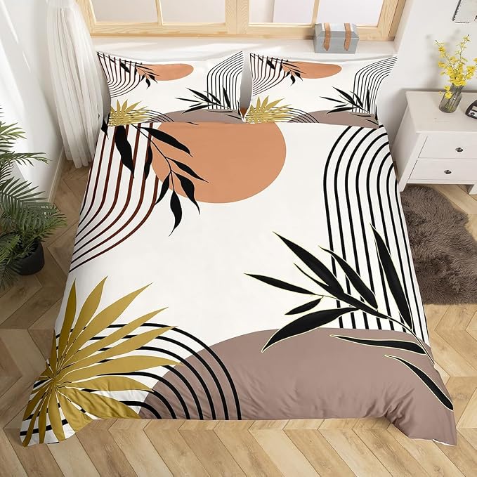 Erosebridal Mid Century Bohemian Comforter Cover Full for Kids Boys Girls,Abstract Geometric Duvet Cover,Botanical Plant Leaves Bedding Set,Khaki Brown Black Bed Set 3 Pcs Bedroom Decor