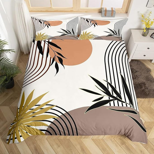 Erosebridal Mid Century Bohemian Duvet Cover Queen for Kids Teens Adults,Abstract Geometric Comforter Cover,Botanical Plant Leaves Bedding Set,Khaki Brown Black Bed Set 3 Pcs Bedroom Decor