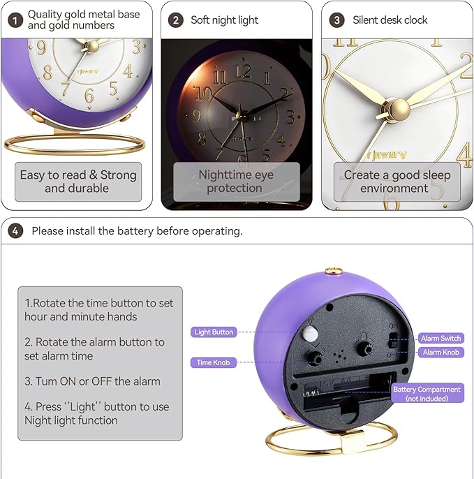 rjuwurv Metal Desk Alarm Clock, Retro Bedroom Table Vintage Analog Silent Non-Ticking Gold Alarm Clock, Bedside Decor(Violet Purple)