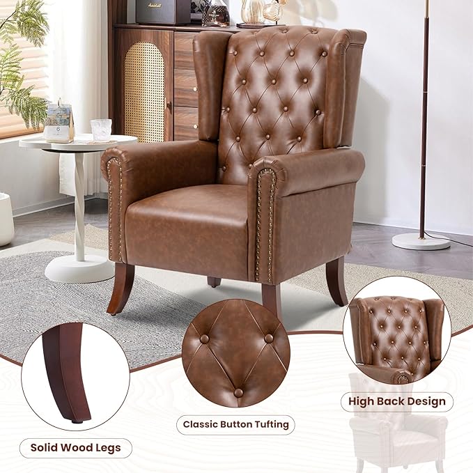 Faux Leather Accent Chair, Mid-Century Armchair Upholstered Club Sofa Chair with Wooden Legs, High Back Living Room Chair for Bedroom, Office, Lounge (Brown)