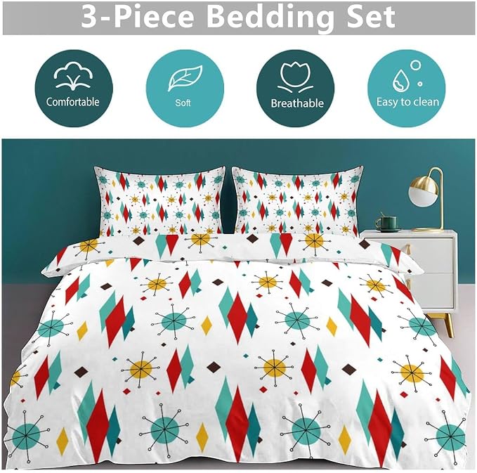Mid Century Bedding Set,1950s 1960s Vintage Modern Geometric Abstract Atomic Stars Geometric Diamond Pattern Comforter Set with Pillowcase for Bedroom Bed Decor,King 102"x90"