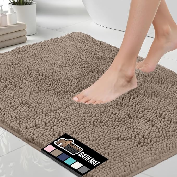 GORILLA GRIP Bath Mat, Thick Soft Absorbent Polyester Floor Mats, Rubber Backing Bathmat, 107x61 cm, Quick Dry Rug, Machine Washable Rugs for Shower and Tub Floors, Bathroom Accessories Decor, Beige
