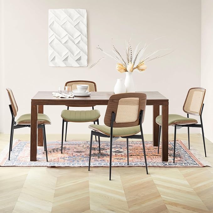Rattan Dining Chairs Set of 4,Mid Century Green PU Leather Kitchen Chairs,Upholstered Seat Metal Legs Chairs with Adjustable Foot Pads,Walnut Armless Side Chairs