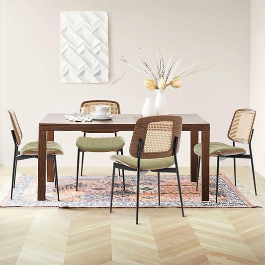 Rattan Dining Chairs Set of 4,Mid Century Green PU Leather Kitchen Chairs,Upholstered Seat Metal Legs Chairs with Adjustable Foot Pads,Walnut Armless Side Chairs