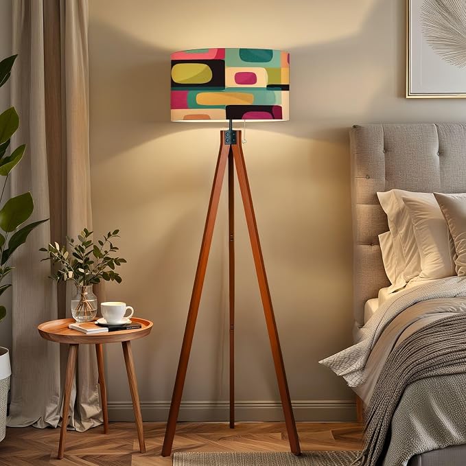Wood Tripod Floor Lamp mid Century Style Seamless Mid Century Standing Lamp Linen Shade Dimmable Modern Tall lamp Home Decor for Living Room Bedroom Office