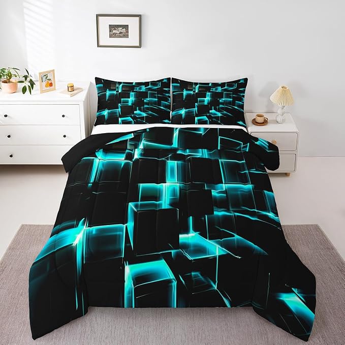 Erosebridal Modern Kids Comforter Set, 3D Plaid Square Print King Size Bed Set for Teen Boys, Black and Teal Soft Microfiber Bedding Sets for All Seasons, 3 Piece