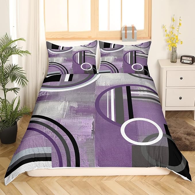 Purple Black Gray Duvet Cover King Size,Grunge Oil Painting Comforter Cover,Circles Bedding Set,Elegant Geometric Quilt Cover,Abstract Purple Artwork Bedspread Cover with Zipper& Ties