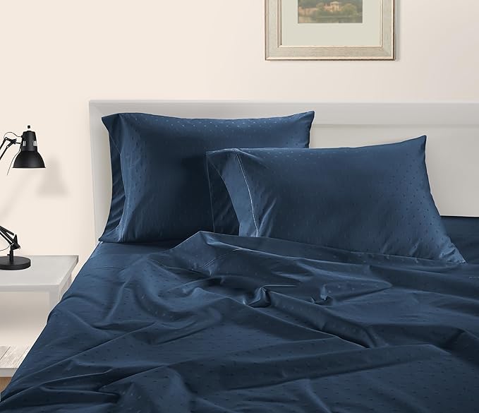 LANE LINEN 100% Egyptian Cotton Bed Sheets - 4PC Calking Sheets Set, Long Staple Cotton Bedding Sheets, Luxury Hotel Sheets, Fits Upto 16" Mattress, Swiss Dot - Estate Blue