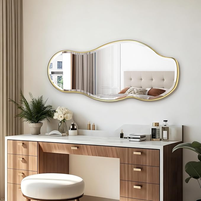 POZINO Irregular Beveled Mirror, 40"x18" Asymmetrical Vanity Wall Mirror with Gold Metal Frame, Organic Shape Mirrors for Bathroom Entryway Bedroom Hallway, Horizontal/Vertical Hanging