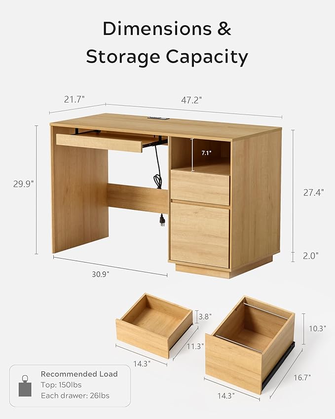 EYYTHUNG Home Office Desk, 47" Farmhouse Executive Desk with File Drawer & Outlet, Wood Computer Desks with Keyboard Tray, Workspace for Study Writing, Natural Oak