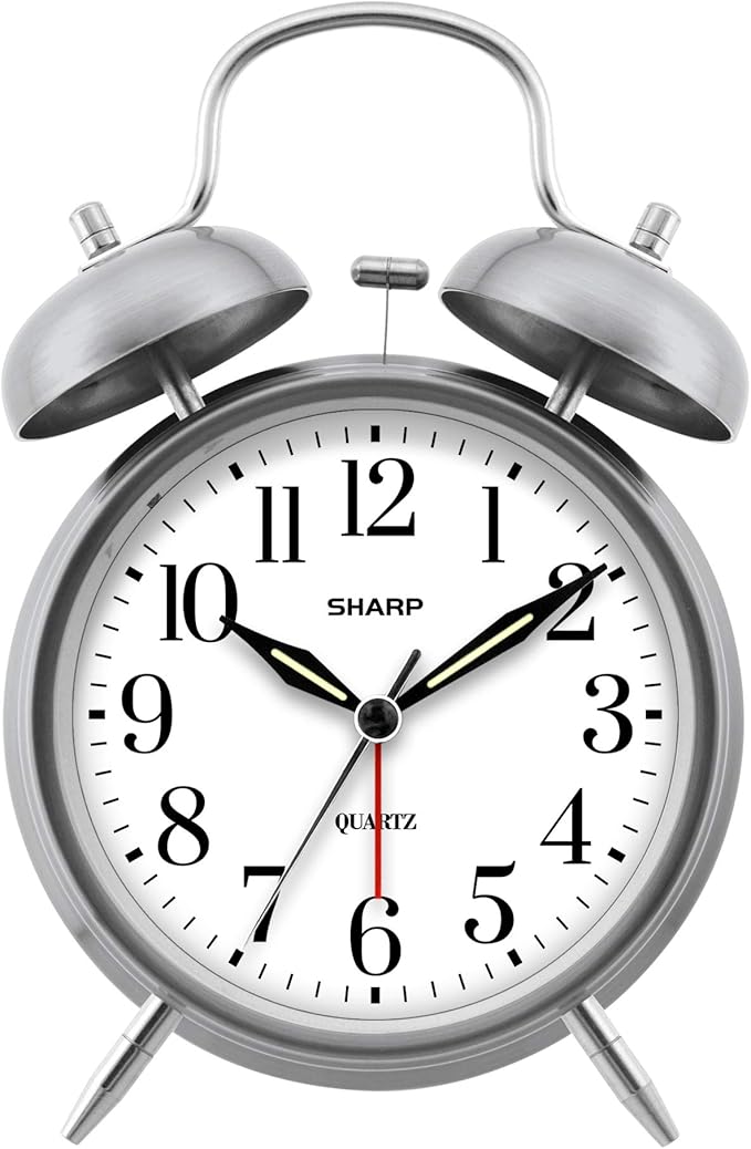 Sharp Twin Bell Alarm Clock - Loud Alarm - Great for Heavy Sleepers - Battery Operated Quartz Analog … (Brushed Silver)