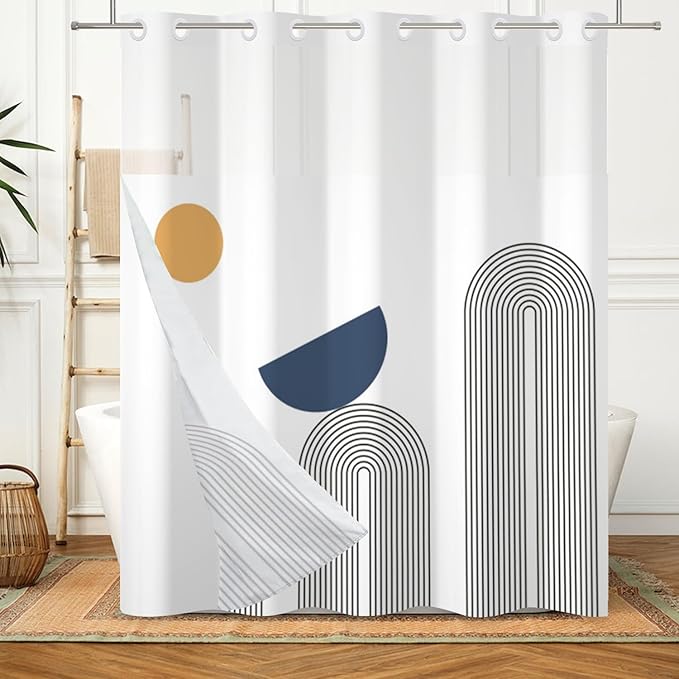 No Hook Boho Shower Curtain with Snap in Liner Set White Mid Century Shower Curtain for Bathroom Hotel Style Washable Fabric 71x74 Inch