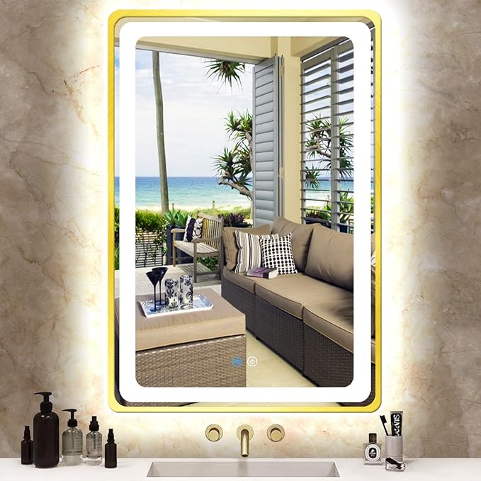 24 x 36 Inch Gold Vanity Mirror with Lights Smart Memory 3 Color Dimmable AntiFog 36 Gold Frame Lighted mirror for Bathroom Salon Horizontal/Vertical Wall Mounted LED Makeup Mirror with Light