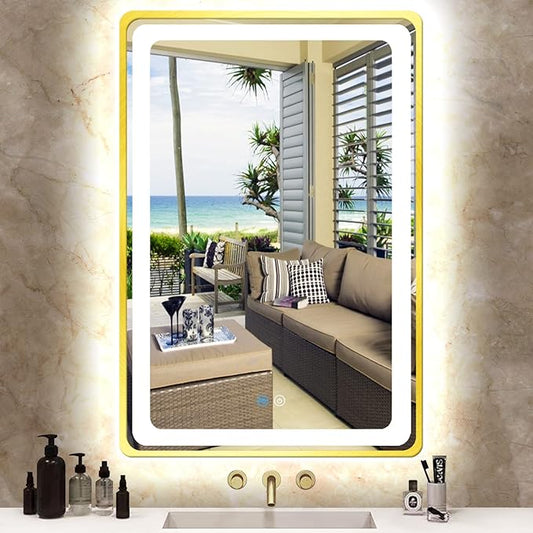 24 x 36 Inch Gold Vanity Mirror with Lights Smart Memory 3 Color Dimmable AntiFog 36 Gold Frame Lighted mirror for Bathroom Salon Horizontal/Vertical Wall Mounted LED Makeup Mirror with Light