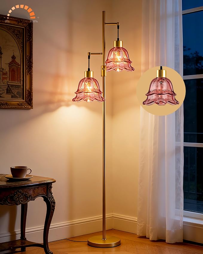 2-Light Modern Glass Floor Lamp, Gold Tall Standing Lamp with Deep Red Tulip Glass Shade for Reading, Dimmable LED Floor Lamp with 5Lbs Heavy Base for Living Room Bedroom Home Decor, Bulb Included