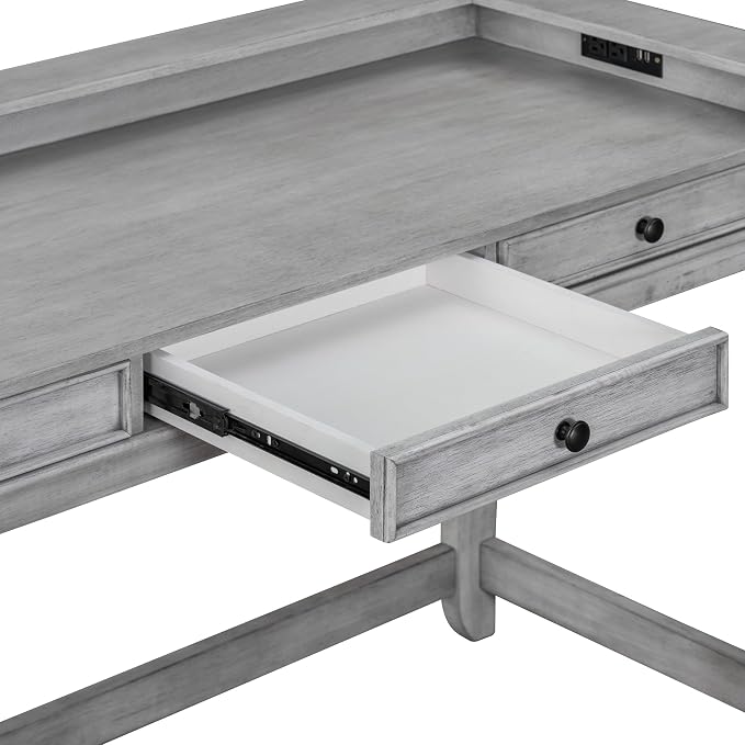 VilroCaz 4-Piece Counter Height Extra Long Dining Table Set with 3 Drawers and Upholstered Stools, Rubber Wood Dining Table Set Home Bar Set with Footrest and USB Port (Grey-B1)