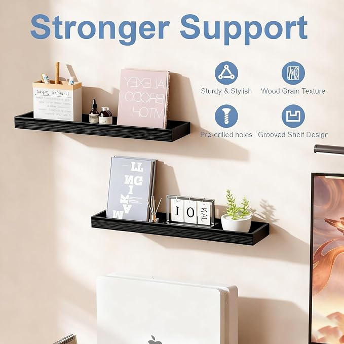 2 Pack 23.6 in Black Floating Shelves for Wall, Wooden Wall Shelves for Bedroom Living Room Kitchen, Modern and Rustic Bathroom Shelves with Raised Lip, Decor Floating Shelf for Storage Display