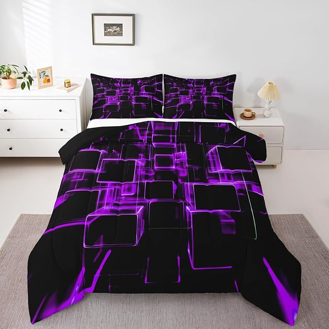 Erosebridal Fluorescent Purple and Black Kids Comforter Set, Modern Geometric Square Bedding Sets Colorful Gradient Neon Light Honeycomb Duvet Insert Twin 2 Pieces