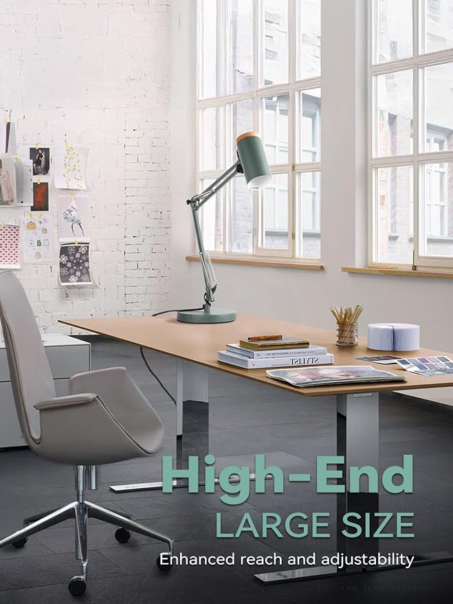 TORCHSTAR Tall Swing Arm Desk Lamp with Wooden Accent, Adjustable Large Size Max Height 31", E26 Base Metal Task Lamp, Office Desktop Lamp with On/Off Switch, for Reading, Study, Workbench, Green