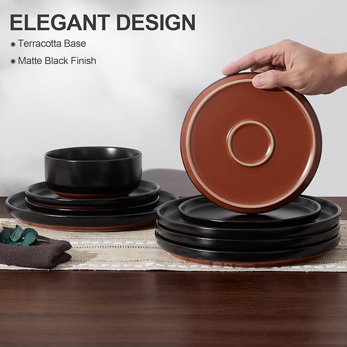 E-far 6-Piece Stoneware Plates and Bowls Sets, Dinnerware Sets for 2, Ceramic Dishware Dishes Set with Terracotta Base, Chip & Scratch Resistant, Microwave & Dishwasher Safe, Matte Black