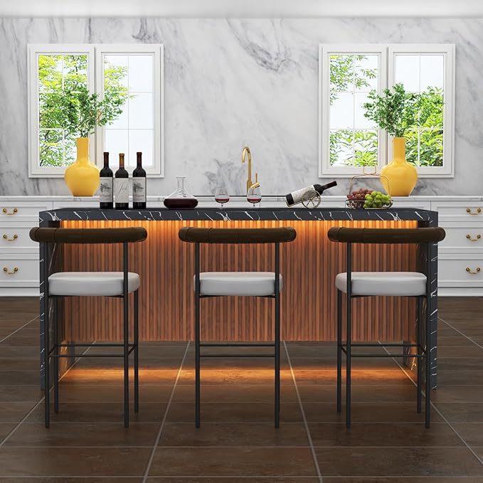 71" Large Imitation Marble Dining Table for 4-6 People, Island Table with LED Lights, Mordern Marble Stripes Kitchen Dining Table with Grille design for Dining Room, Home, Living Room (black)