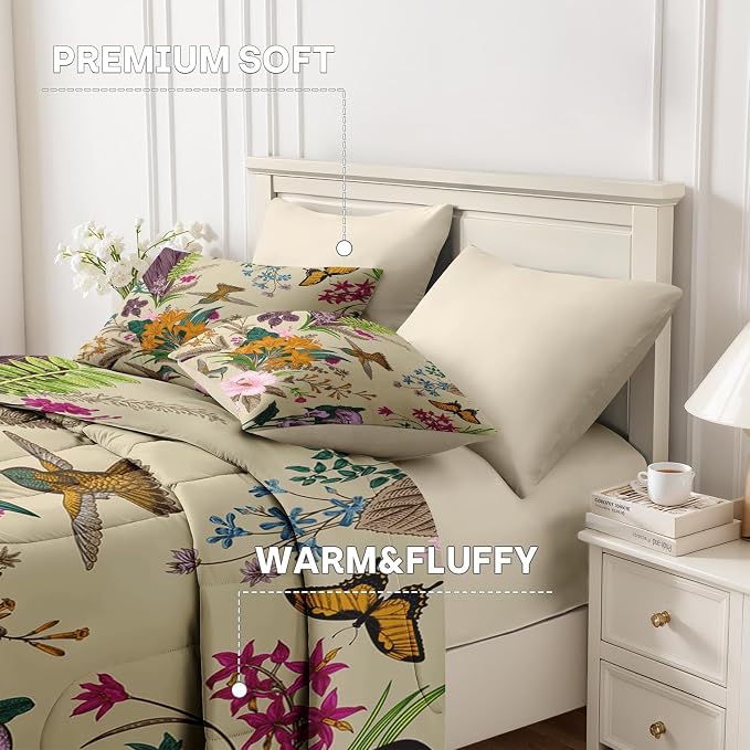 Nesker 7 Pcs Comforter Set King Size, Cute Botanical Birds Bedding Set for Kids and Adults, Vintage Flower Plant Bed Sheet Sets with Fitted Sheet 2 Pillowcases & 2 Shams