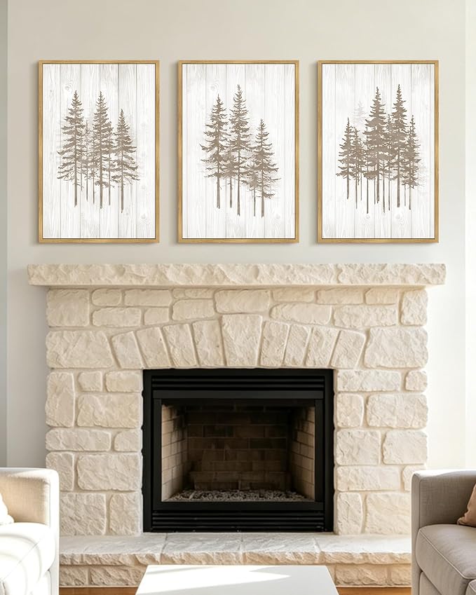 KUVIOKE Foggy Misty Pine Tree Framed Wall Art Watercolor Nature Abstract Forests Wall Decor Rustic Minimalist Painting for Bedroom Dining Room 16x24in (Natural Framed)