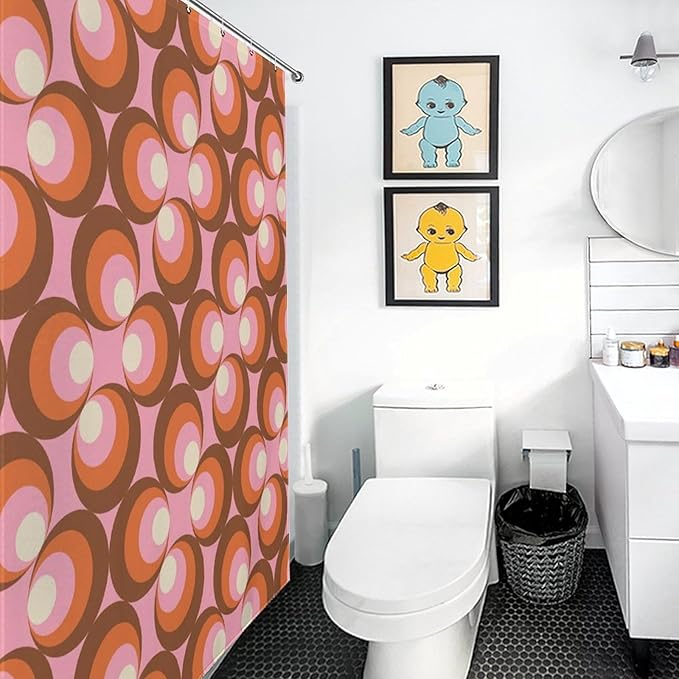Mid Century Vintage Geometric Shower Curtains Modern Pink Rod Pocket Abstract Geometric Circular Shapes Washable Waterproof Fabric for Bathroom Decor Bathtub with 12 Hooks 72x72in (183x183cm)