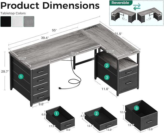 Coleshome L Shaped Computer Desk with 6 Drawers & Power Outlet, 55 Inch Corner Desk with Reversible Storage Shelf & File Drawer, Home Office Desk, Grey Oak