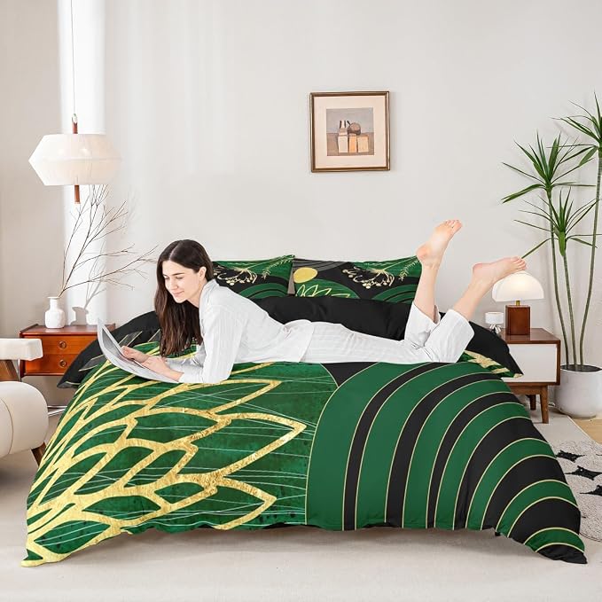 Erosebridal Mid Century Modern Twin Comforter Cover for Kids Teens Adults - Green and Black Abstract Duvet Cover Boho Minimalist Aesthetic Bed Set Chic Modern Geometric Bohemian Floral Bedding Set