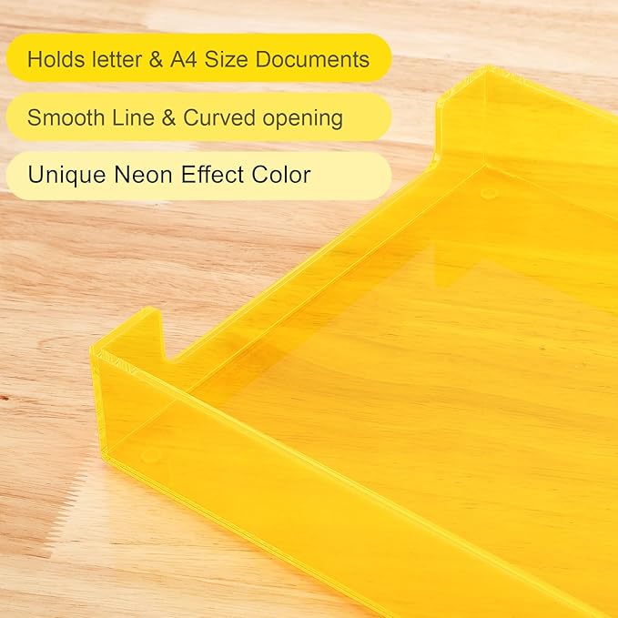 Paper Tray Acrylic File Organizer for Desk Letter Tray Desk Organizer Document Holder Sorter Storage for A4 Office Supplies Magazines, 13.8x10.6x2.4 Inches, Neon Yellow