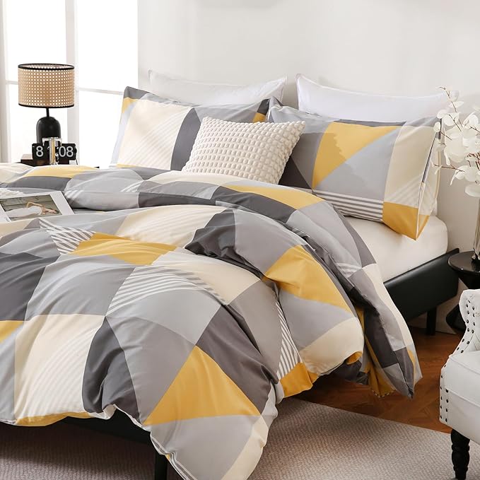 Yellow and Grey Duvet Cover Set Queen Size, 100% Natural Cotton Geometric Duvet Cover 3 Piece Soft Breathable Bedding Set for All Seasons
