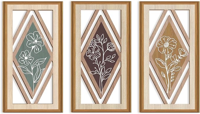 Celestdeco 3 Pcs Boho Flower Wall Decor,Boho Flower Wood Wall Art,Bohemian Floral Artwork Wooden,Botanical Modern Wood Art,Minimalist Wildflower Wooden Art Abstract for Living Room Bedroom Office